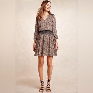 ANTHROPOLOGIE Vanessa Virginia Tan Black Smocked Waist Dress Size XS